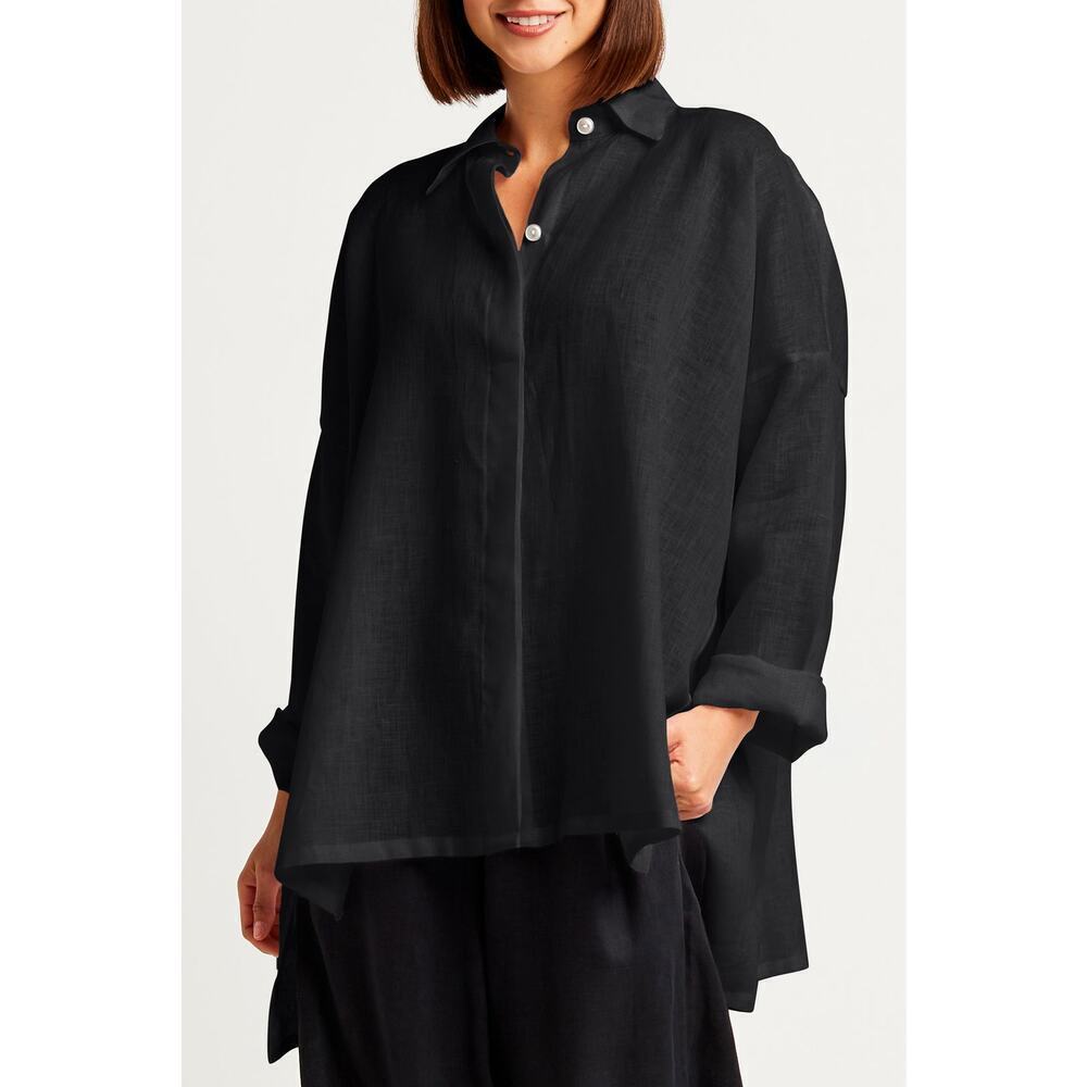 Planet By Lauren G Handkerchief Linen Shirt Button Down Blouse Black One Size